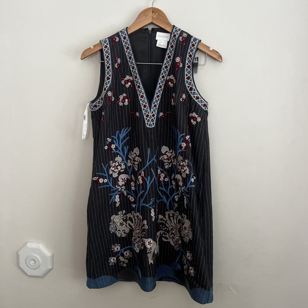 Foxiedox Anthropologie Embroidered Pinstripe Dress Sleeveless Whimsigoth Sz 6